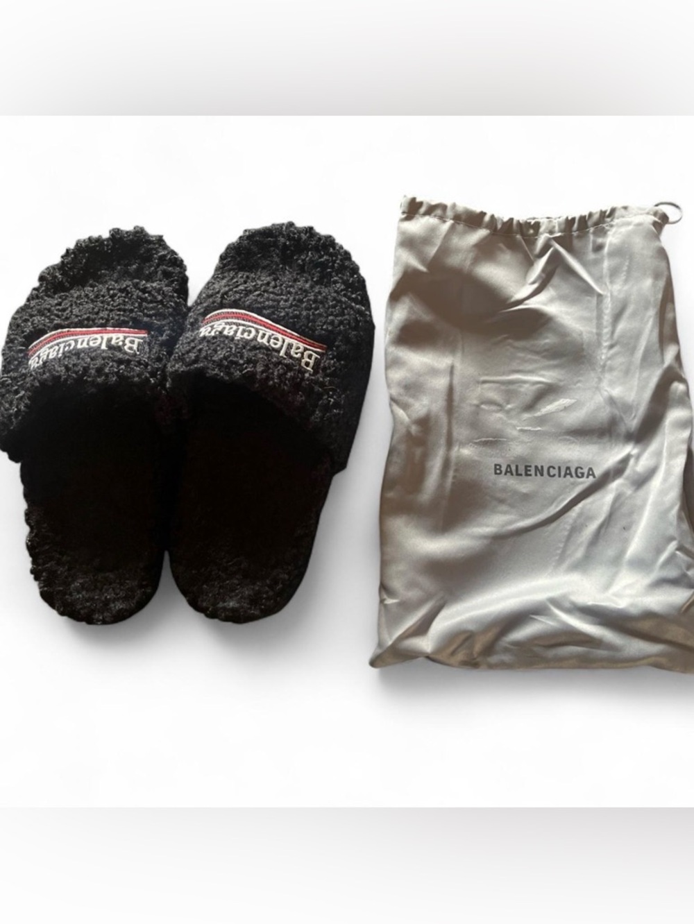 Balenciaga Black Fuzzy Logo Slide Slippers with Dust Bag